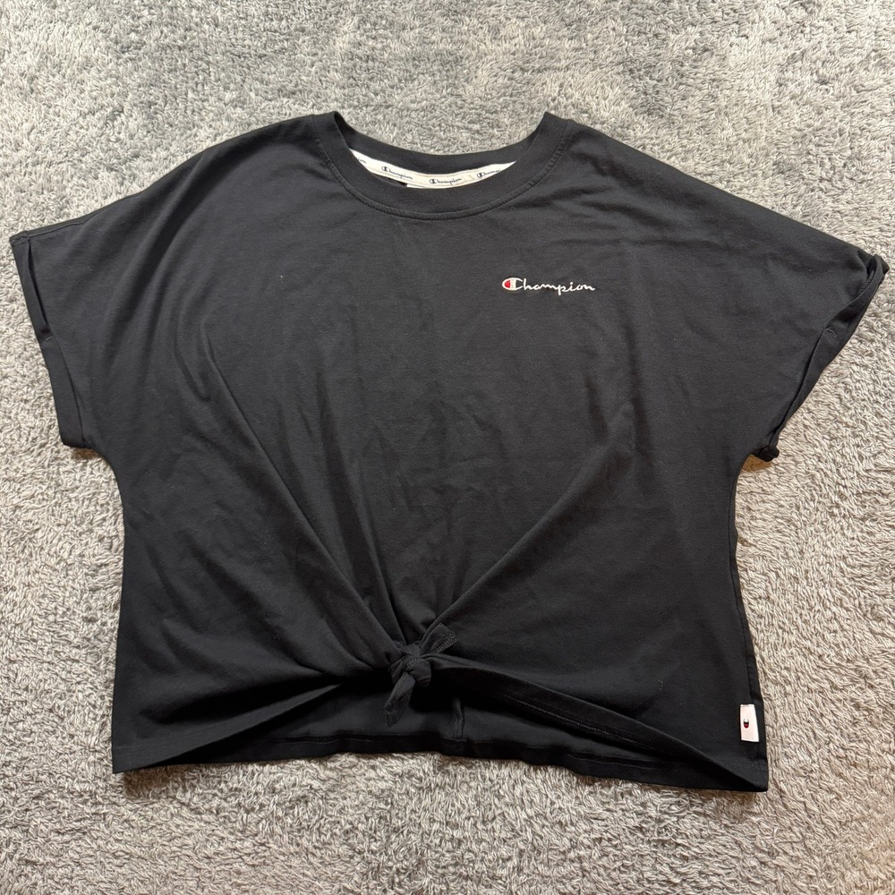 Champion Womens Tie Front Cropped T-Shirt XL Black Script Logo Cotton